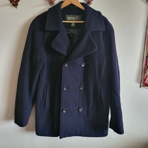 Eddie Bauer Wool Blend Double Breasted Coat Thick Heavy Navy Blue Medium Tall MT